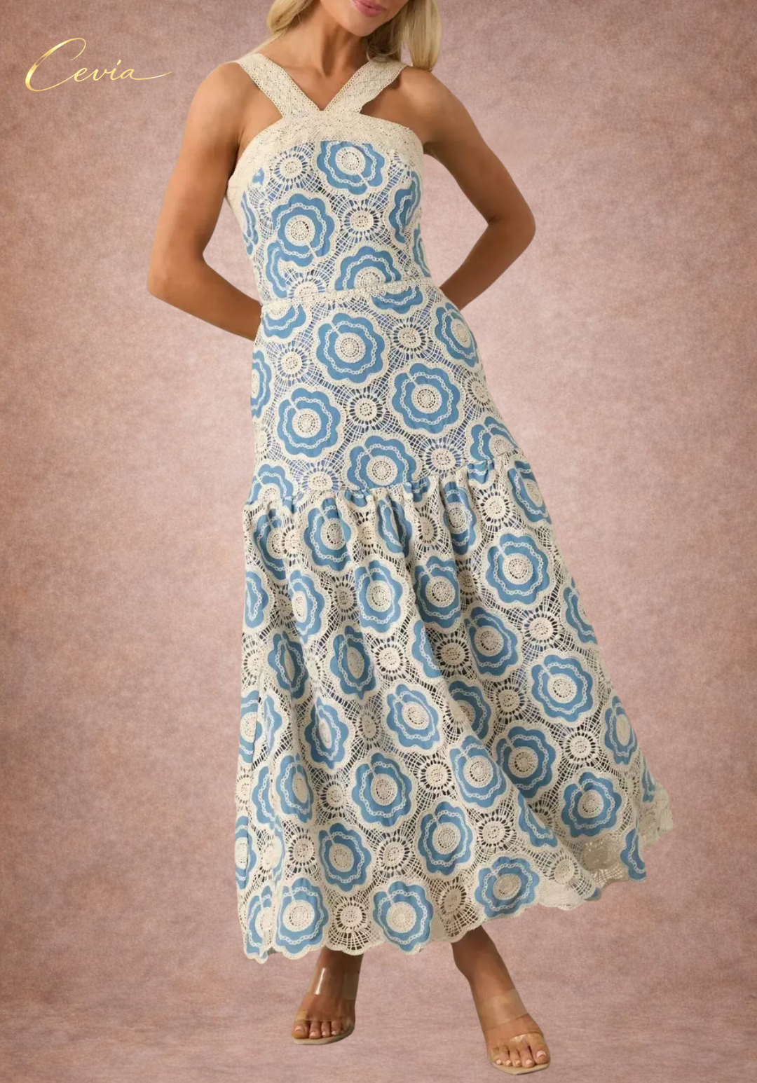 The Elowyn Lace-Bouquet Halter Maxi Dress