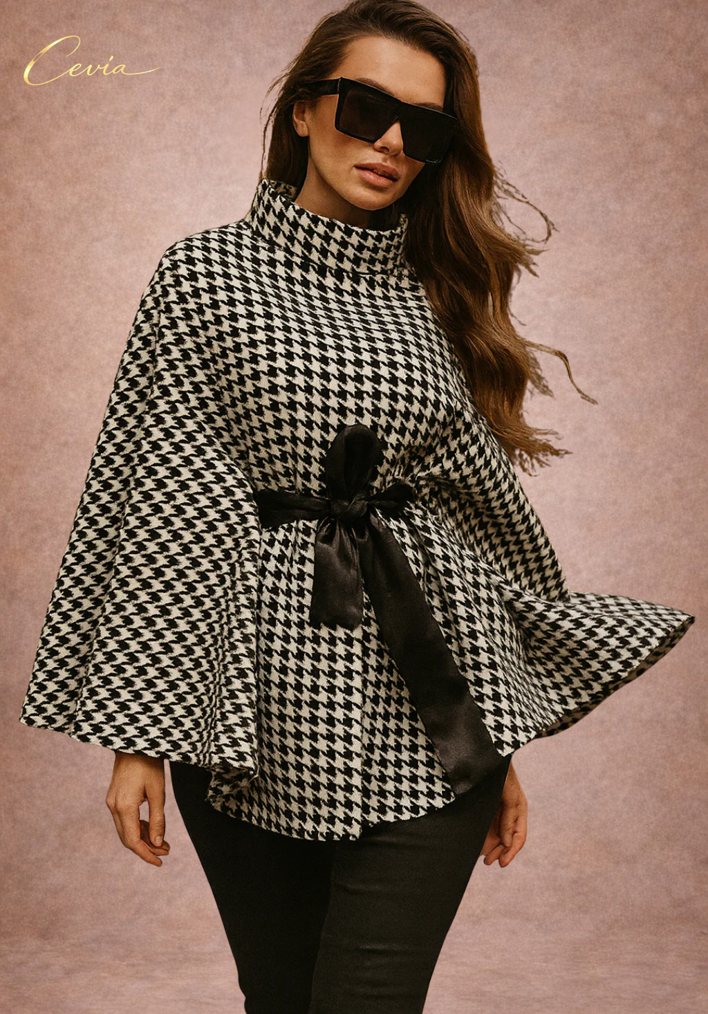 The Valoria Houndstooth Belted Cape Top