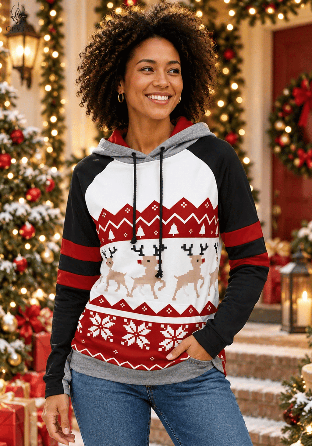 Sudadera con capucha navideña de renos y motivos Fair Isle