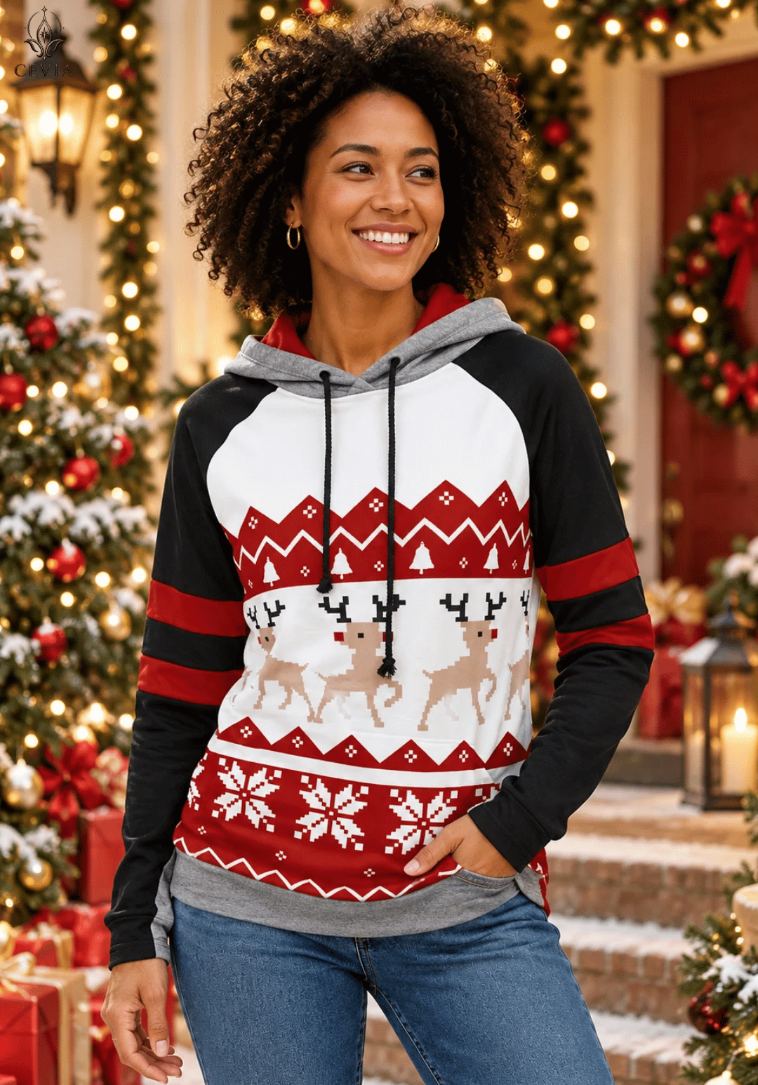 Sudadera con capucha navideña de renos y motivos Fair Isle