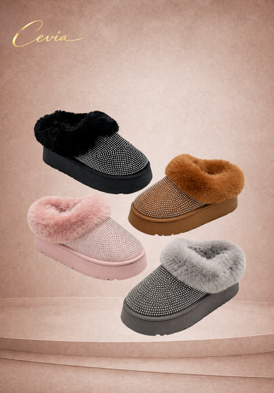 The Aurora Crystal Fur Platform Slippers