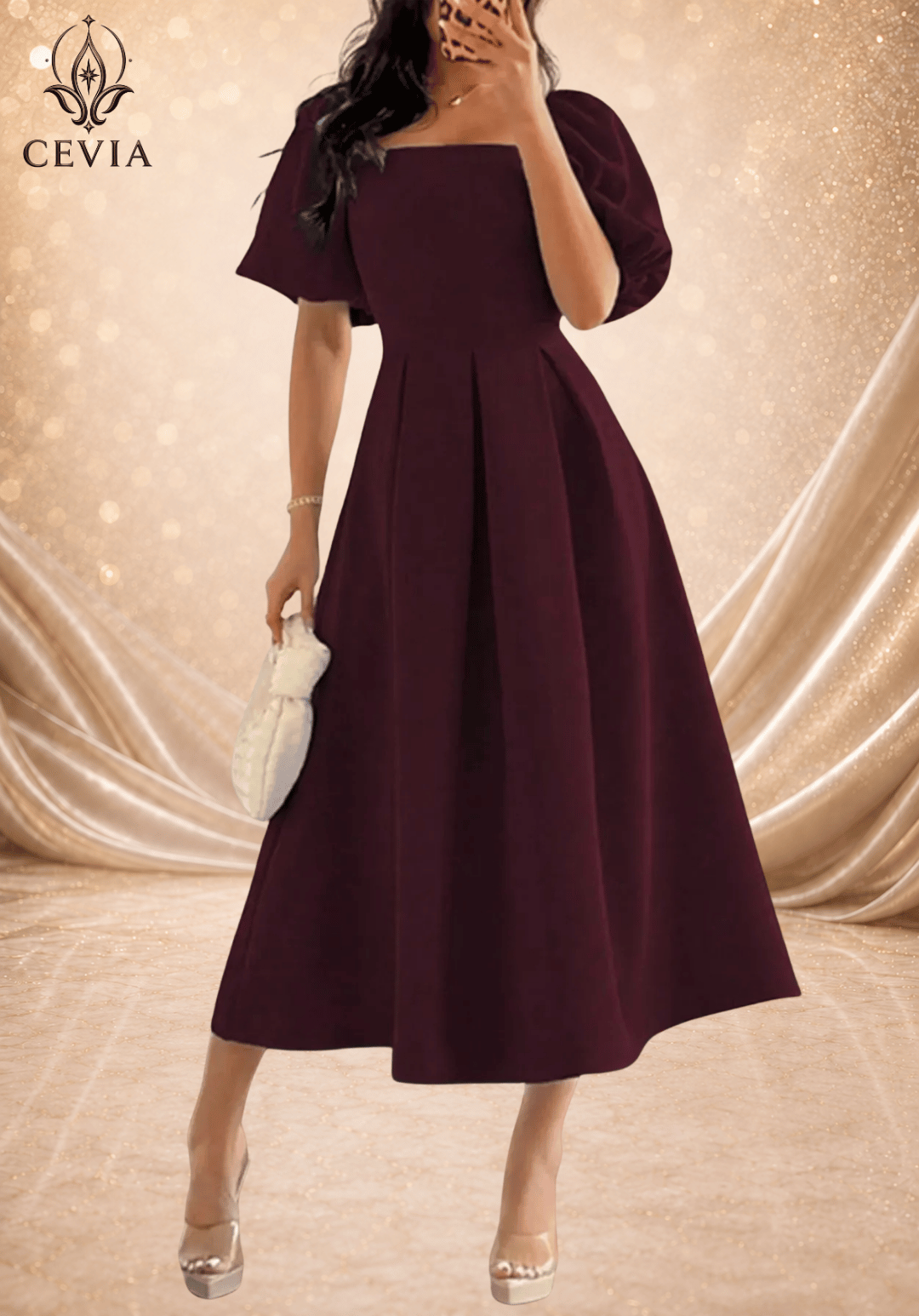 Elegant Square Neck Pleated Midi Dress