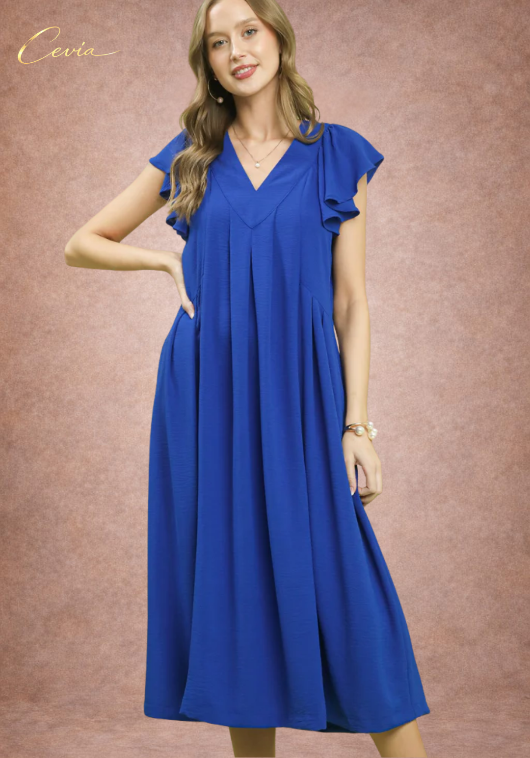 pleated frill midi dress Doux Pink Ruffled Trim Pleated Midi Dress