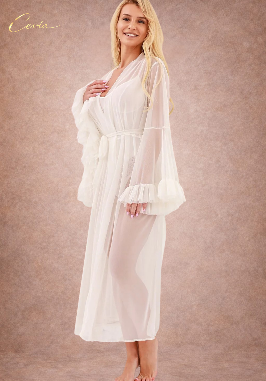 Skylar Ivory Mist Tulle Chemise Robe (Ruffle Sleeves + Tie Belt)