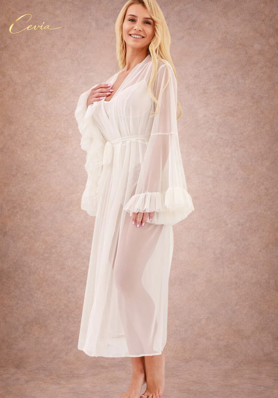 Skylar Ivory Mist Tulle Chemise Robe (Ruffle Sleeves + Tie Belt)