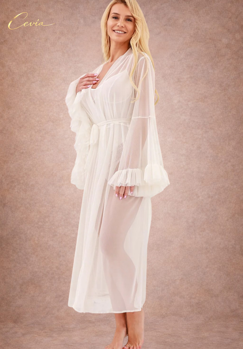 Skylar Ivory Mist — Chemise vestaglia in tulle con maniche a volant
