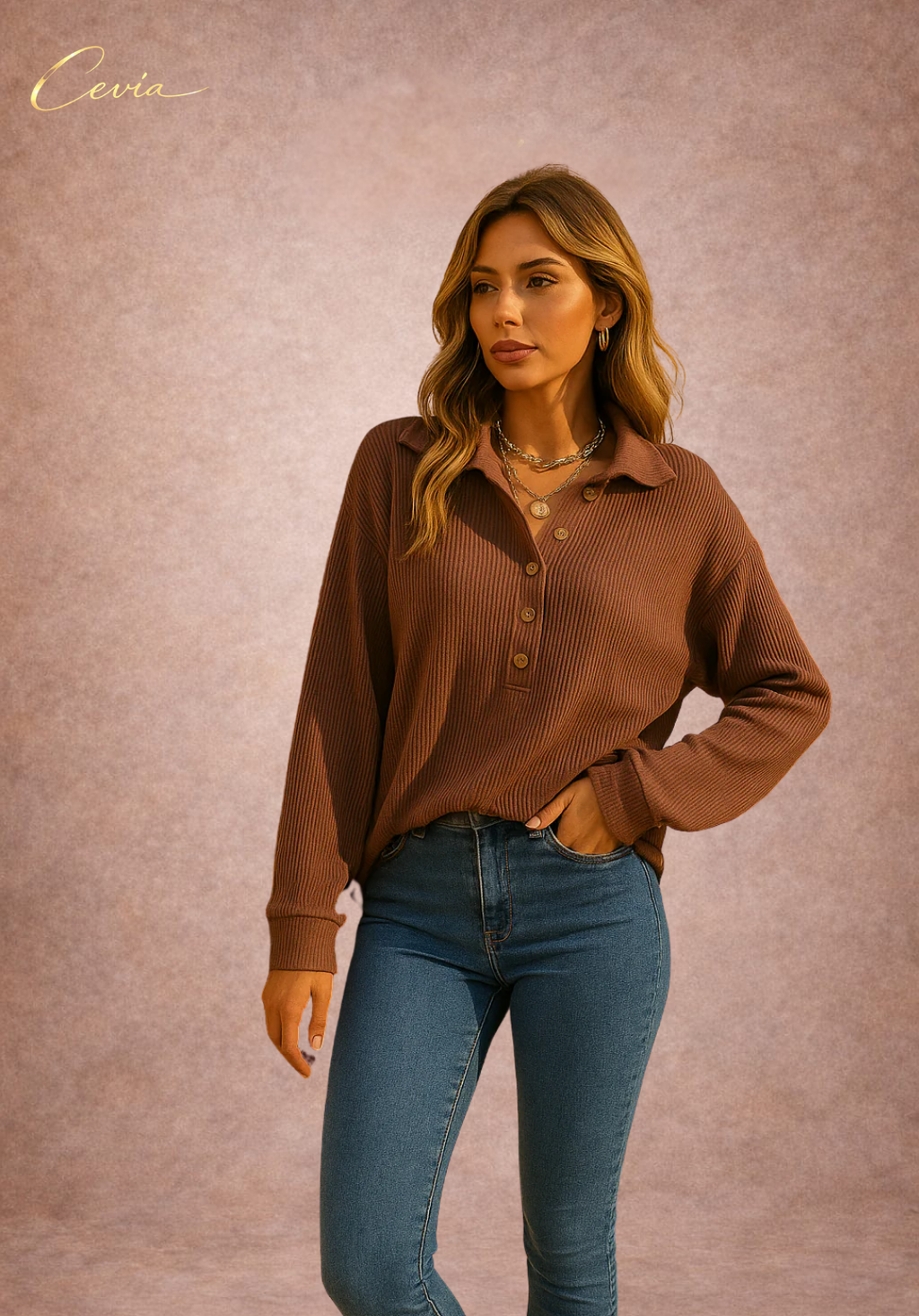 The Marvella Ribbed Button-Collar Top