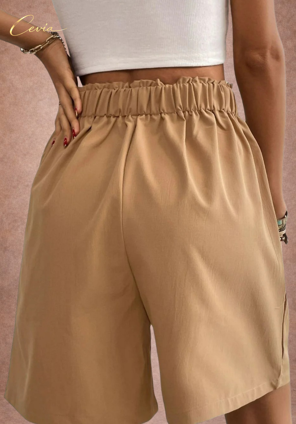 Camel High-Waist Button-Front Pleated Shorts