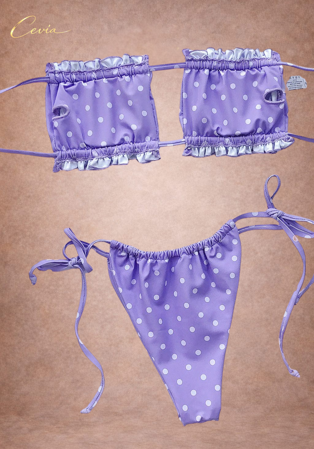 Lilac Dot Ruched Bandeau Bikini Set