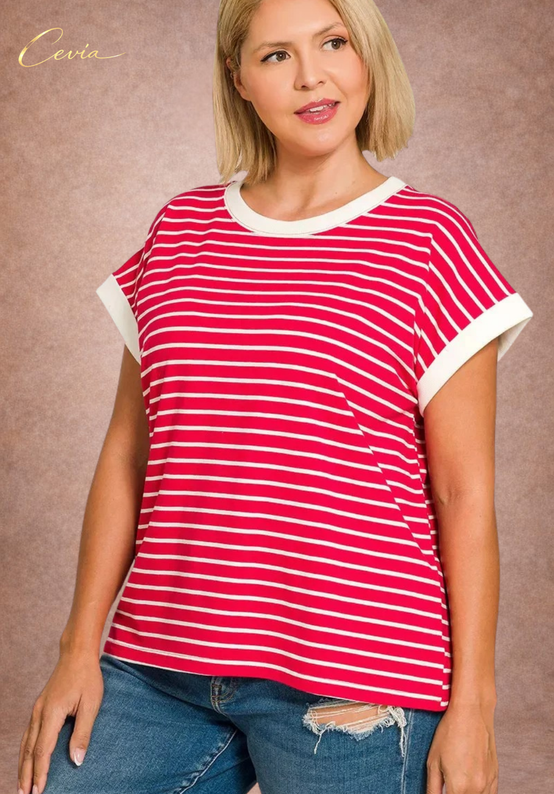 Contrast Trim Striped Cap Sleeve Tee