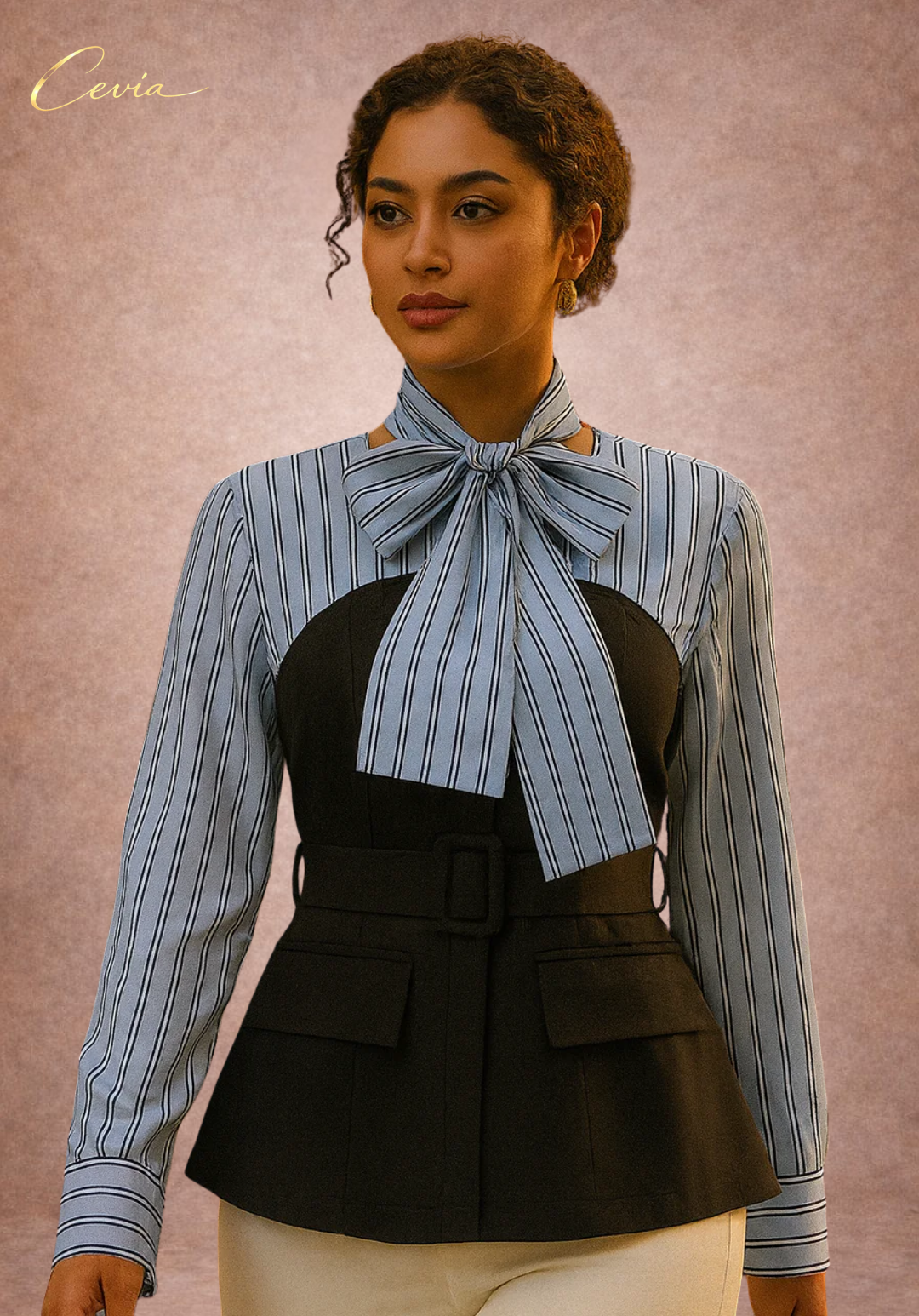 The Belmira Striped-Bodice Contrast Peplum Top