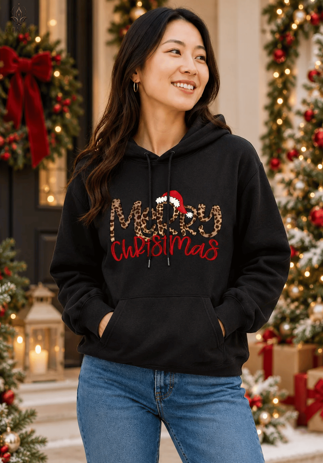 Sudadera con capucha navideña de estampado leopardo