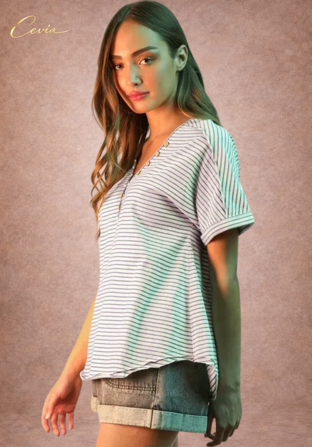 Striped Button V-Neck Tee