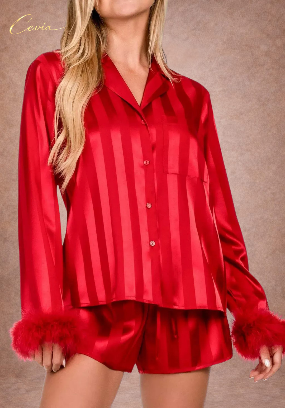 The Éclat Rouge Feathered Satin Pajama Set