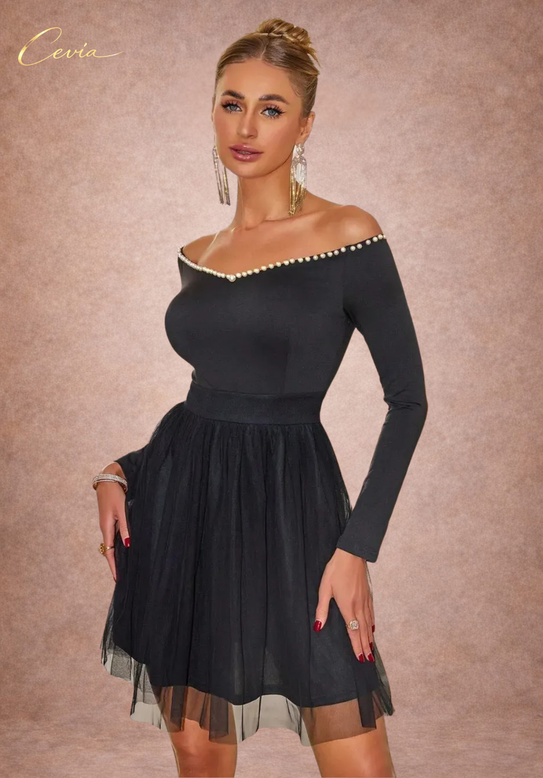 Pearl-Trim Tulle Fit-and-Flare Dress