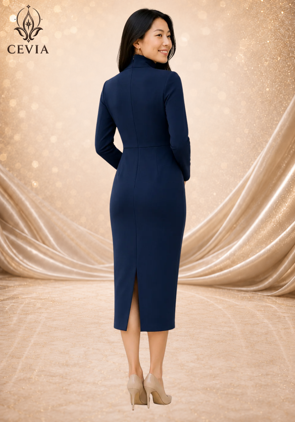 The Sculpted Stand-Collar Midi Dress