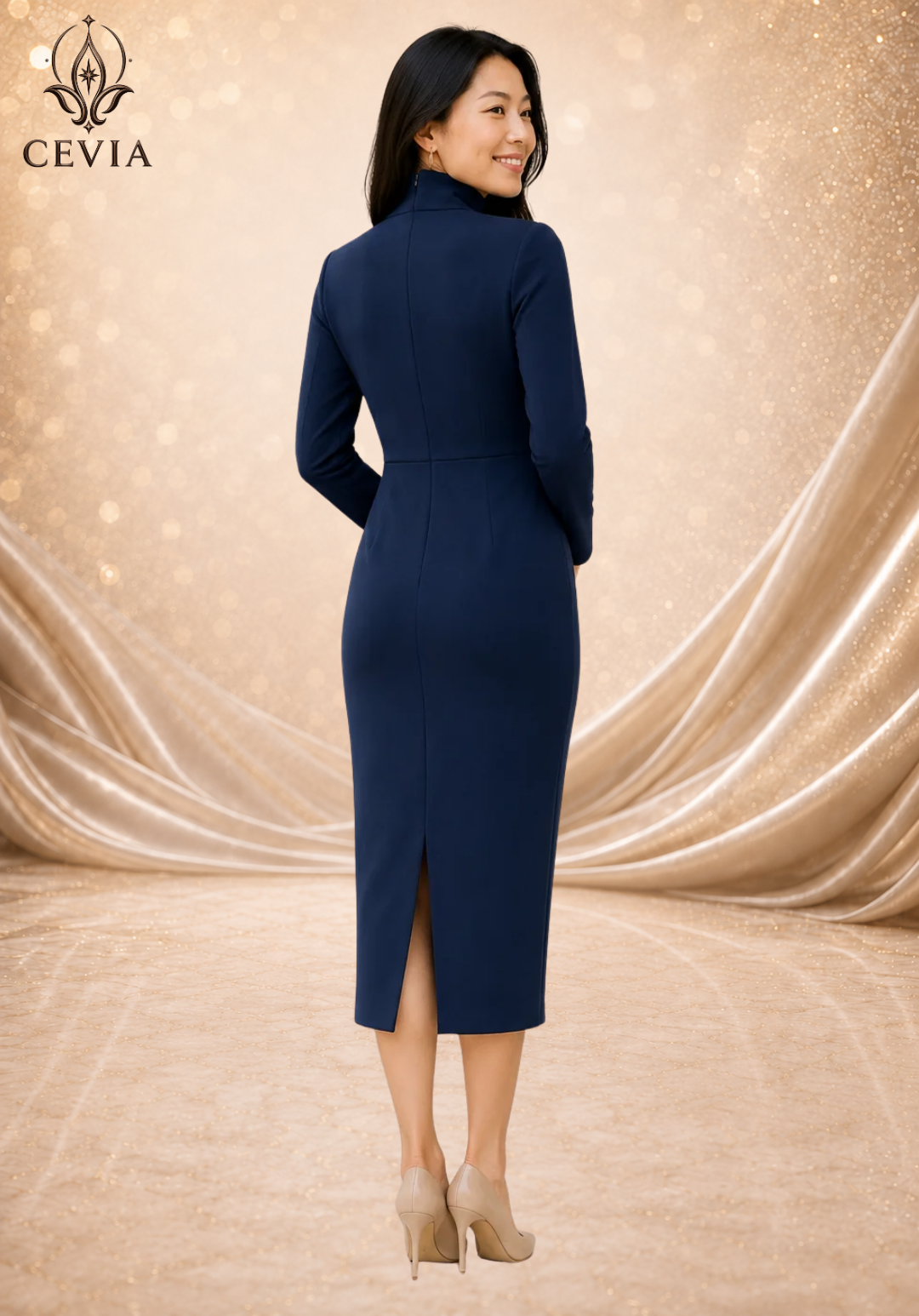The Sculpted Stand-Collar Midi Dress