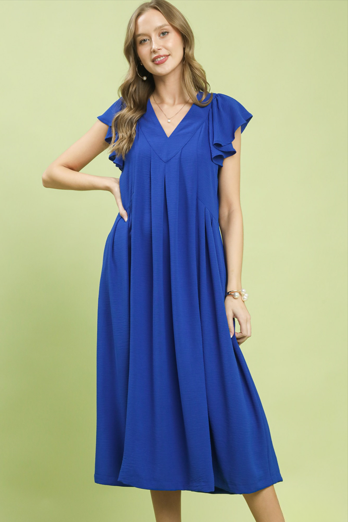 Ruffle Sleeve Pleated Midi Dress