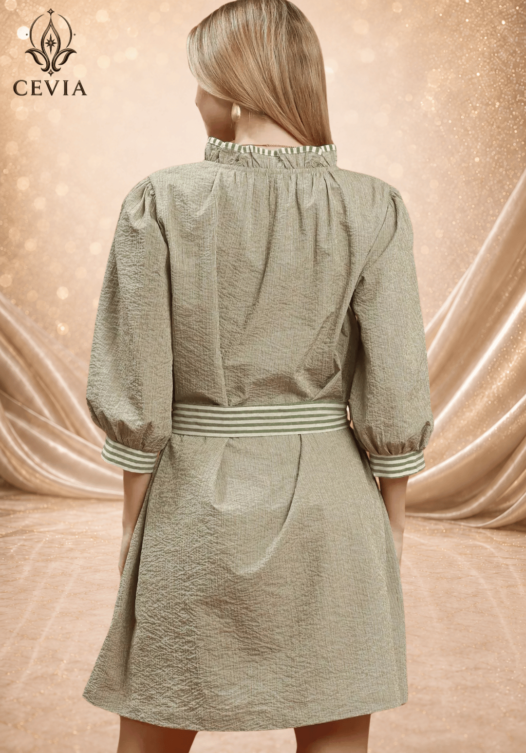 Textured Tie-Waist Puff Sleeve Mini Dress