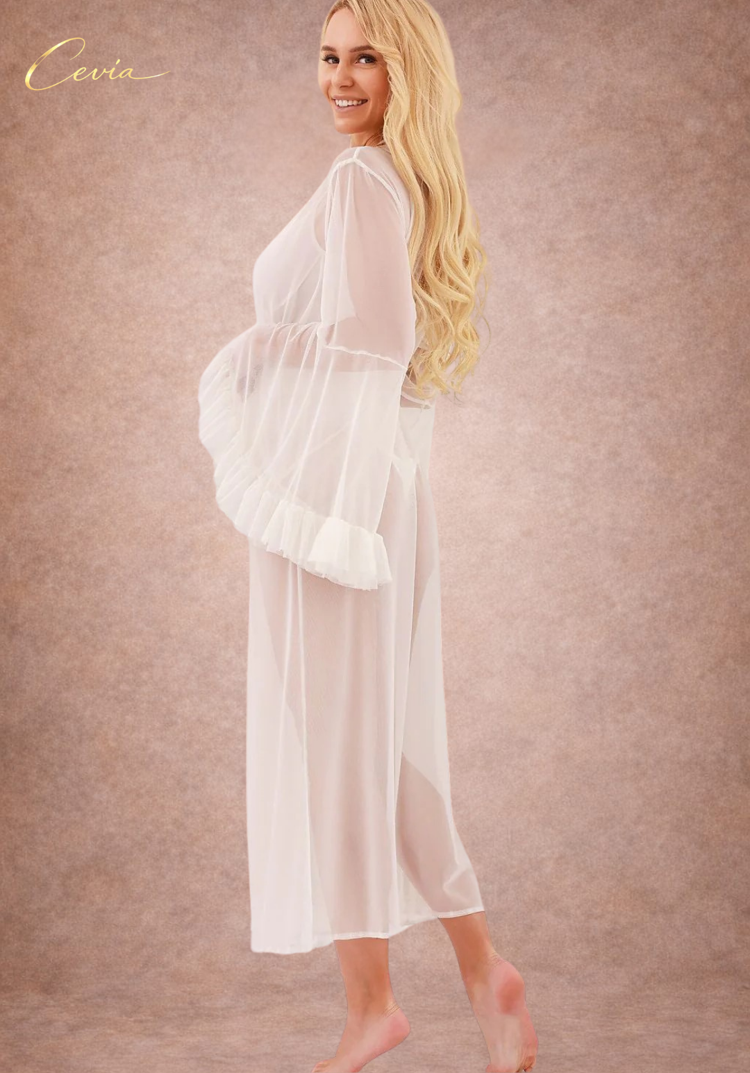 Skylar Ivory Mist Tulle Chemise Robe (Ruffle Sleeves + Tie Belt)