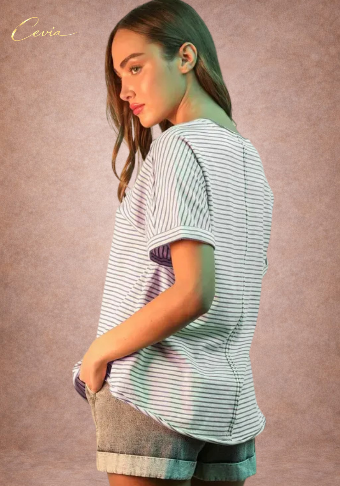 Striped Button V-Neck Tee