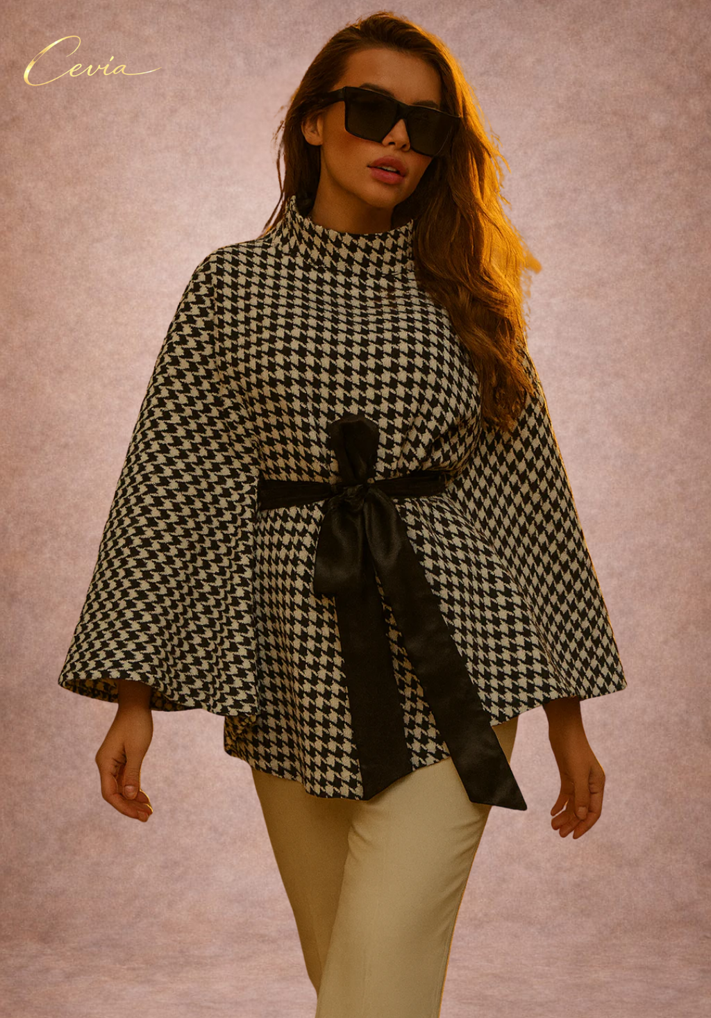 The Valoria Houndstooth Belted Cape Top