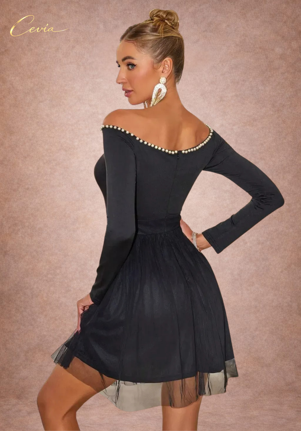 Pearl-Trim Tulle Fit-and-Flare Dress