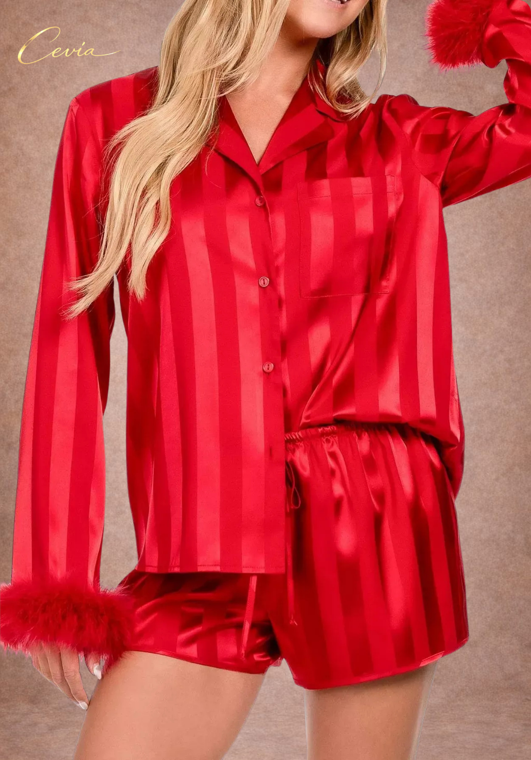 The Éclat Rouge Feathered Satin Pajama Set