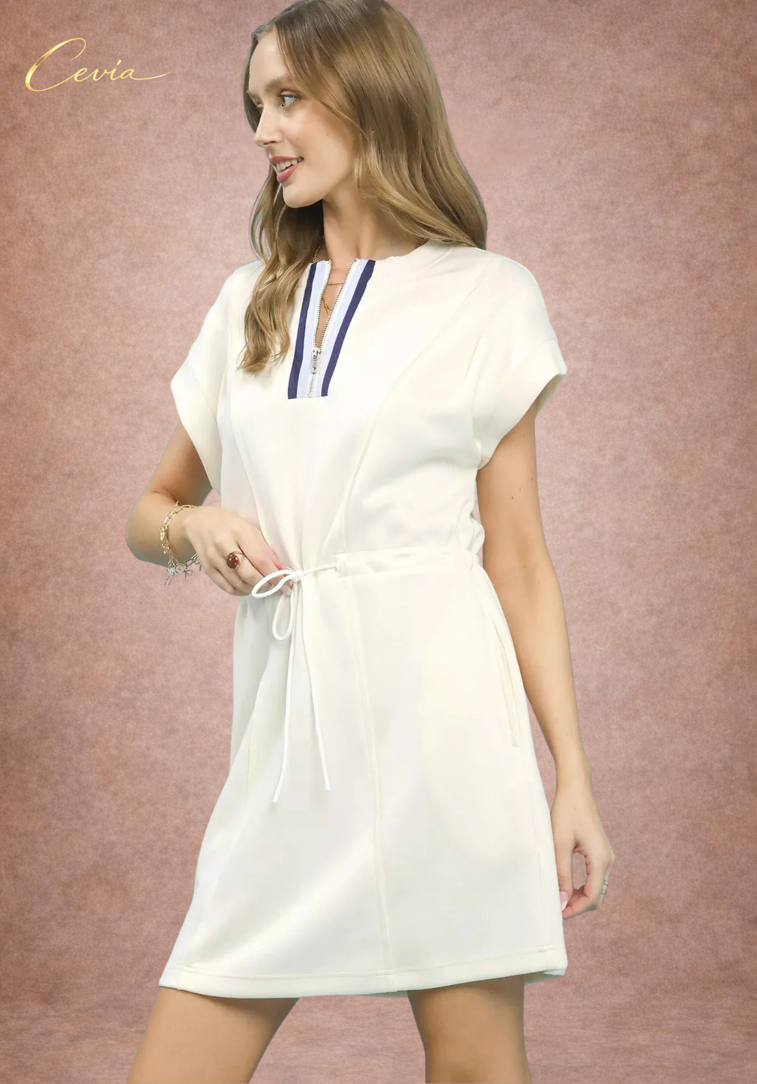 Zip Front Drawstring Knit Dress