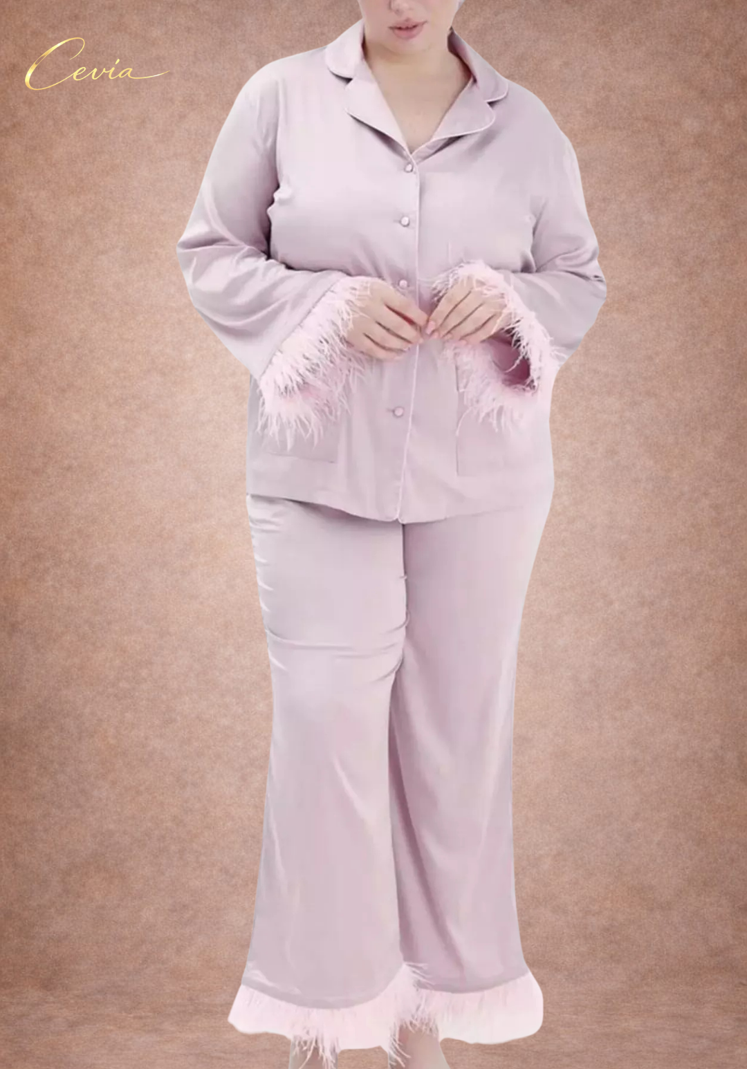 The Veloursé Plum Feather-Trim Satin Pajama Set