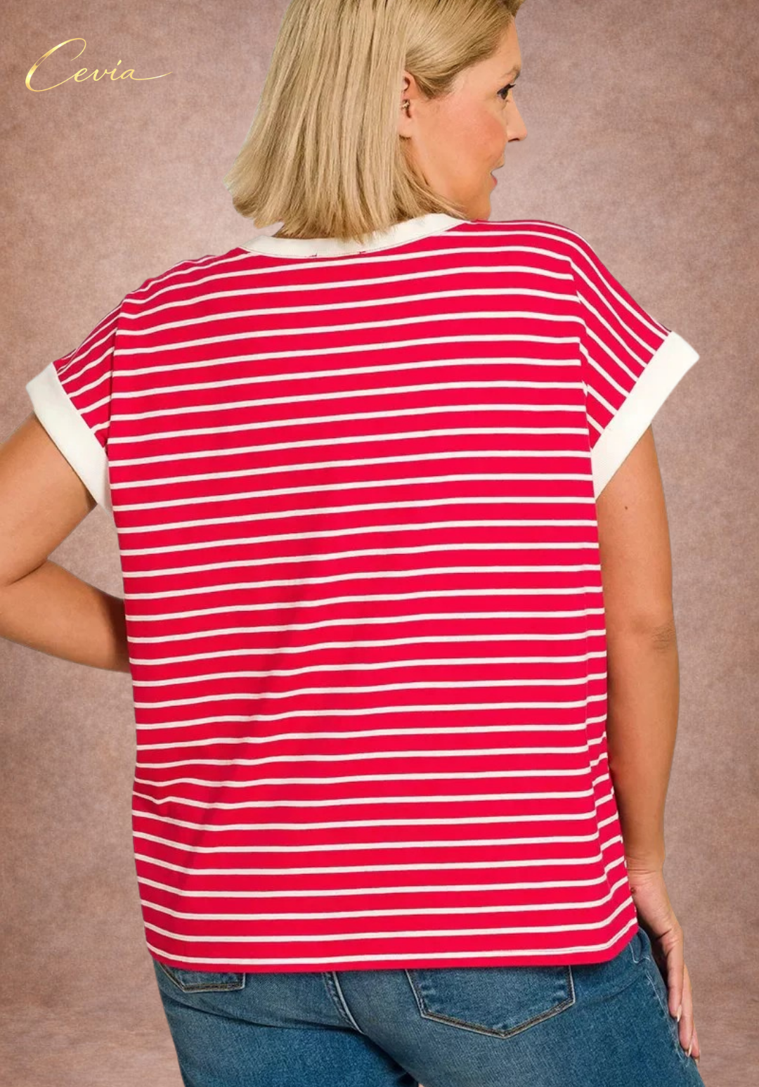 Contrast Trim Striped Cap Sleeve Tee