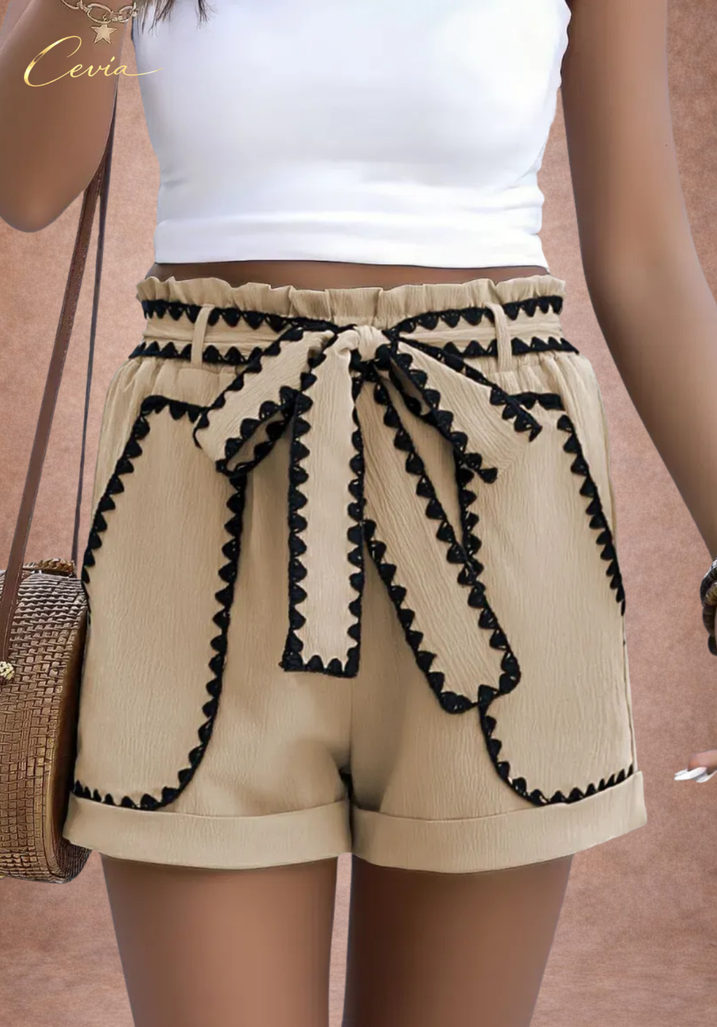 CEVIA Scallop-Trim Tie-Waist Shorts