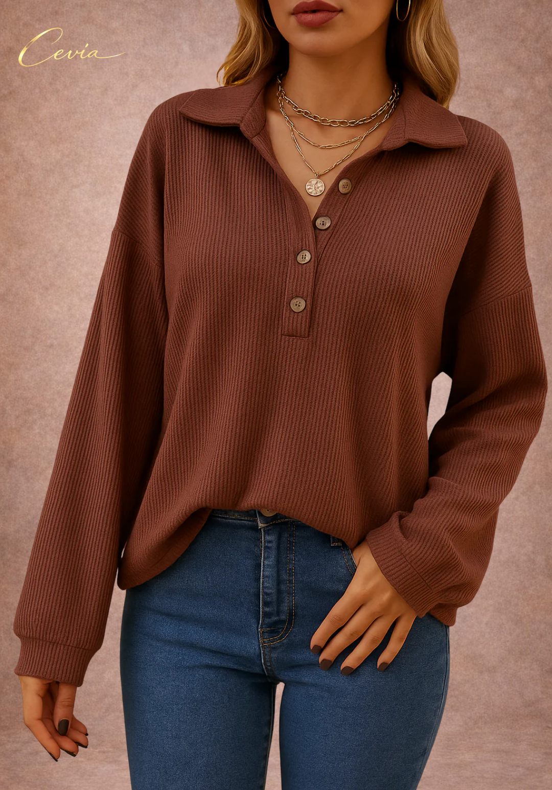 The Marvella Ribbed Button-Collar Top
