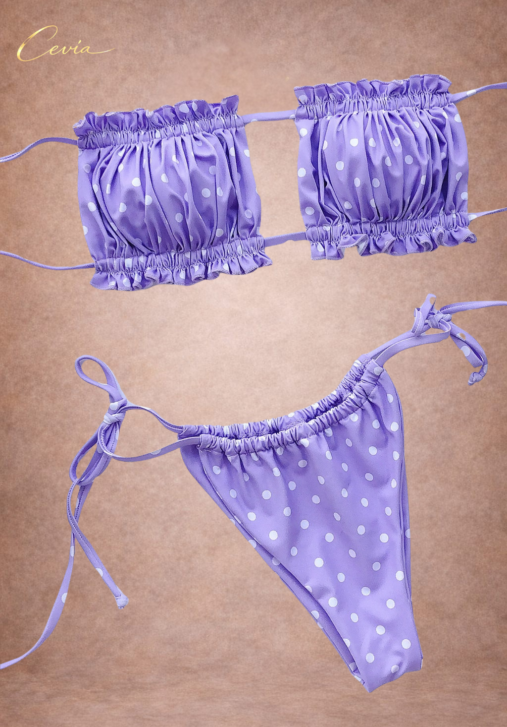 Lilac Dot Ruched Bandeau Bikini Set
