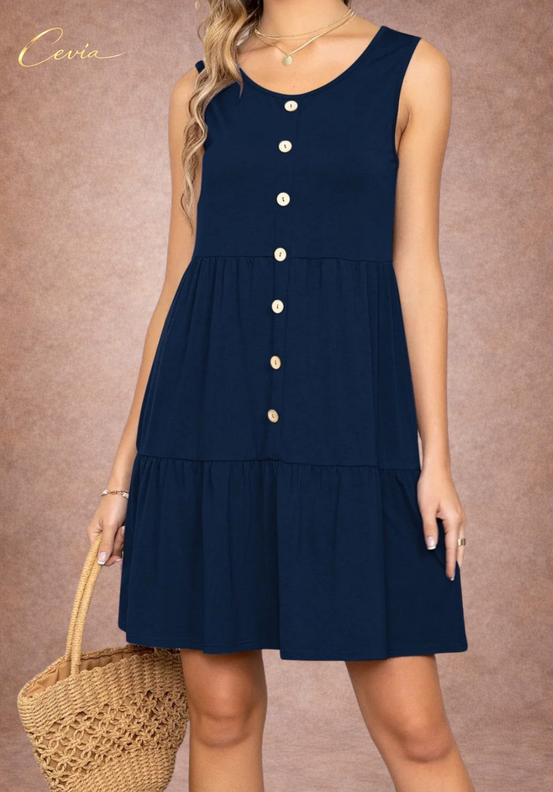 Button Front Sleeveless Tiered Dress