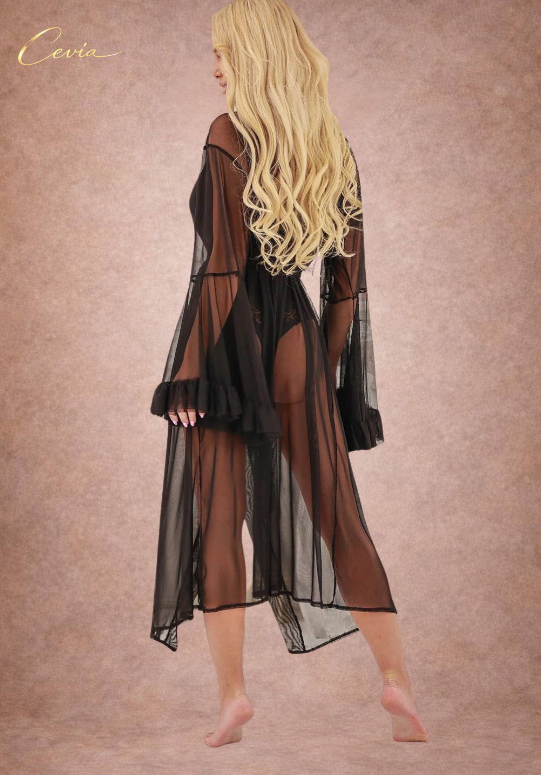 Skylar Noir Mist Tulle Peignoir (Ruffle Sleeve Robe + Tie Belt)