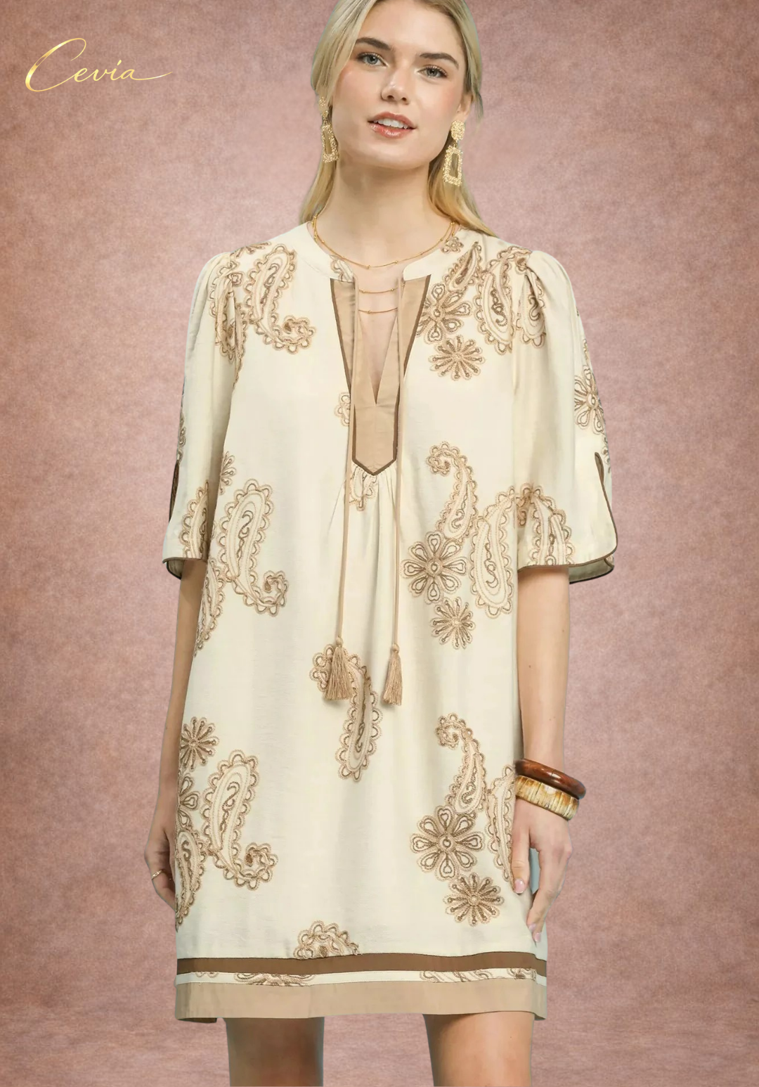 Embroidered Tassel Shift Dress