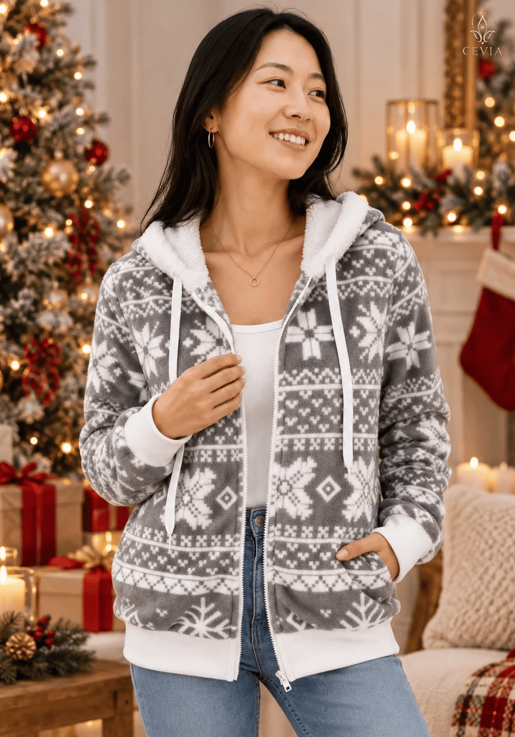 Kerst Winter Wonderland Fair Isle hoodie met rits