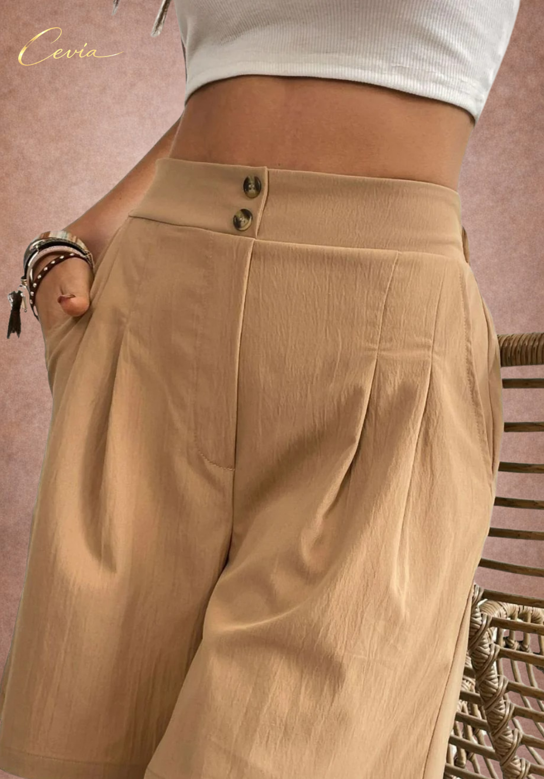 Camel High-Waist Button-Front Pleated Shorts