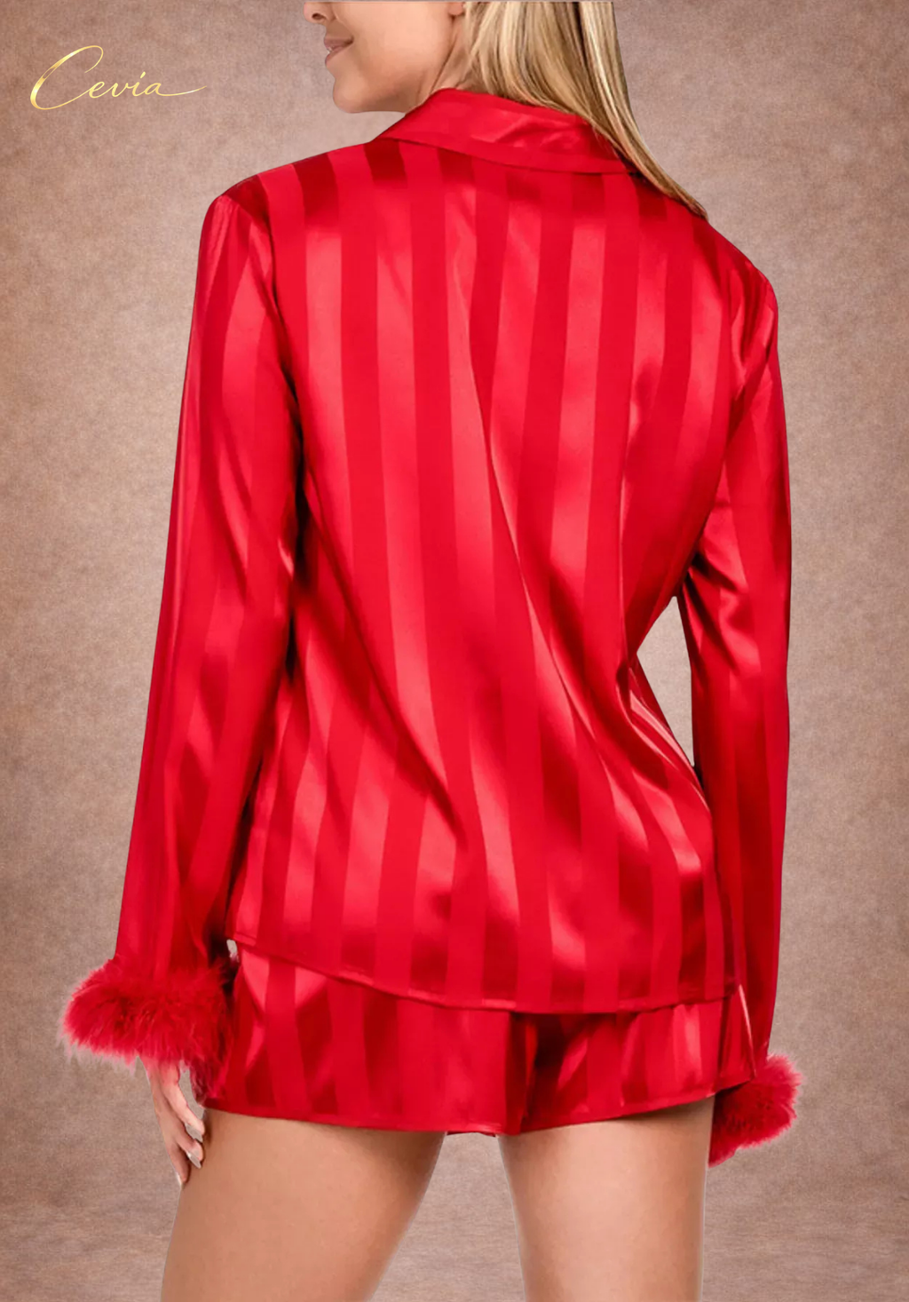 The Éclat Rouge Feathered Satin Pajama Set