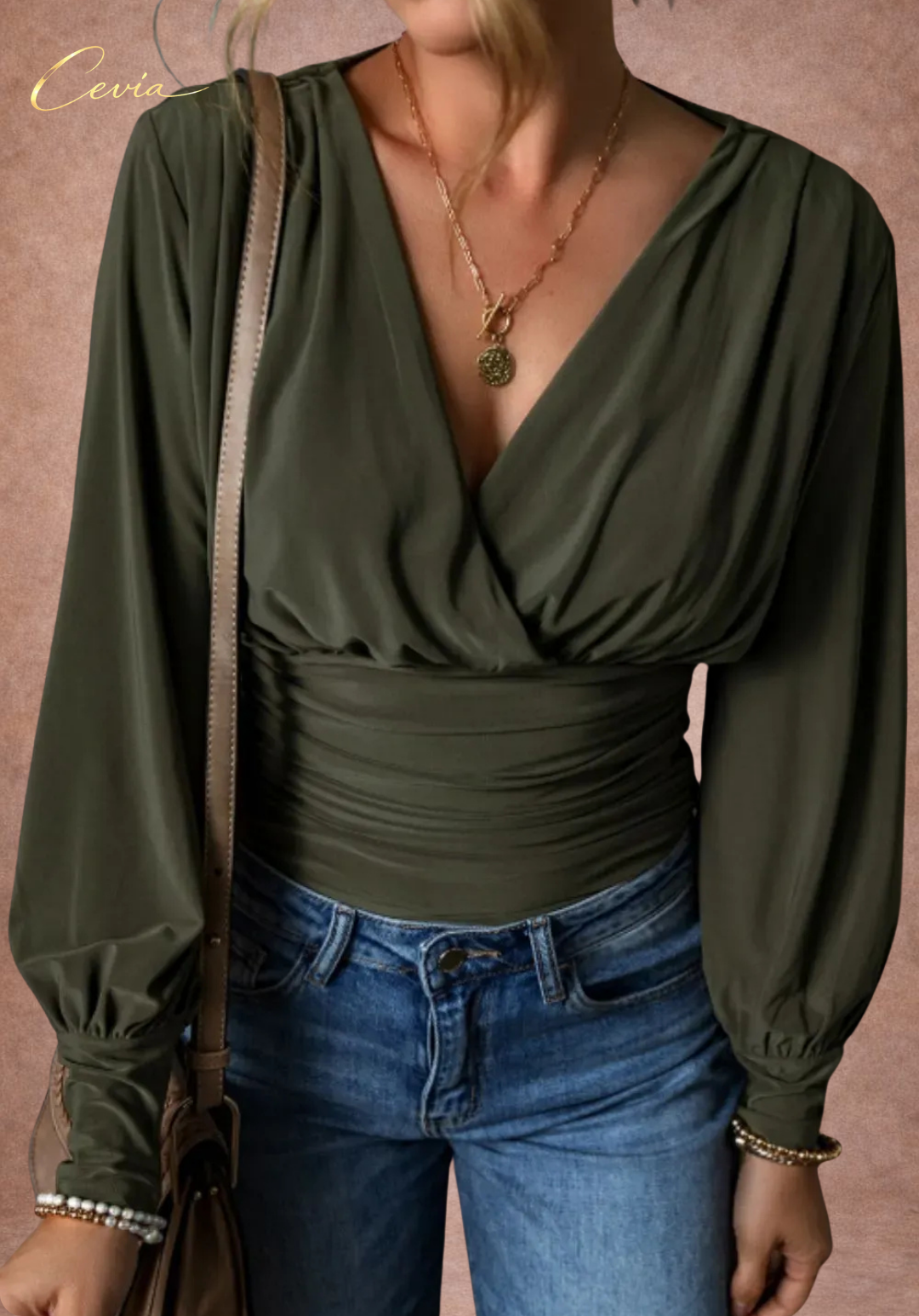 The Marveia Forest Olive Draped-Ruched Bodysuit