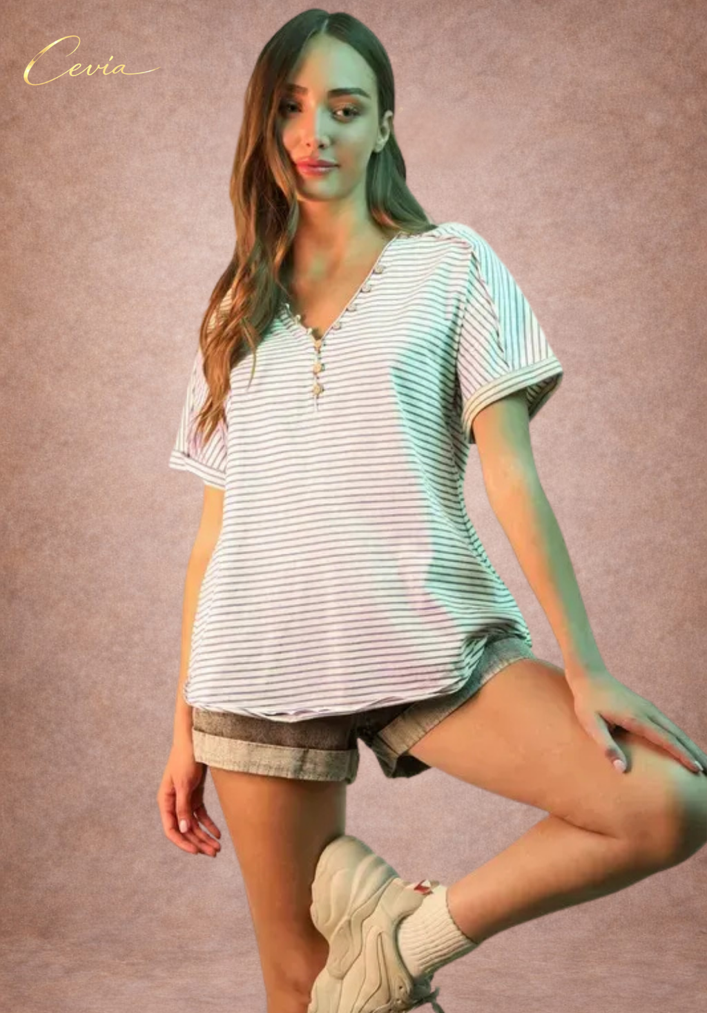 Striped Button V-Neck Tee