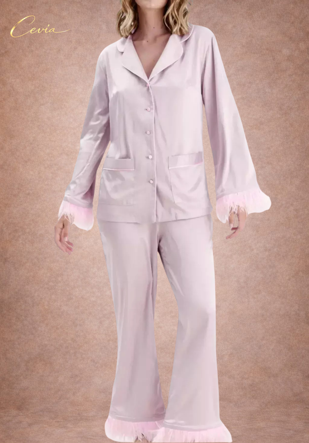 The Veloursé Plum Feather-Trim Satin Pajama Set