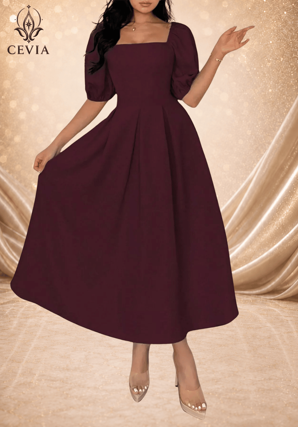 Elegant Square Neck Pleated Midi Dress