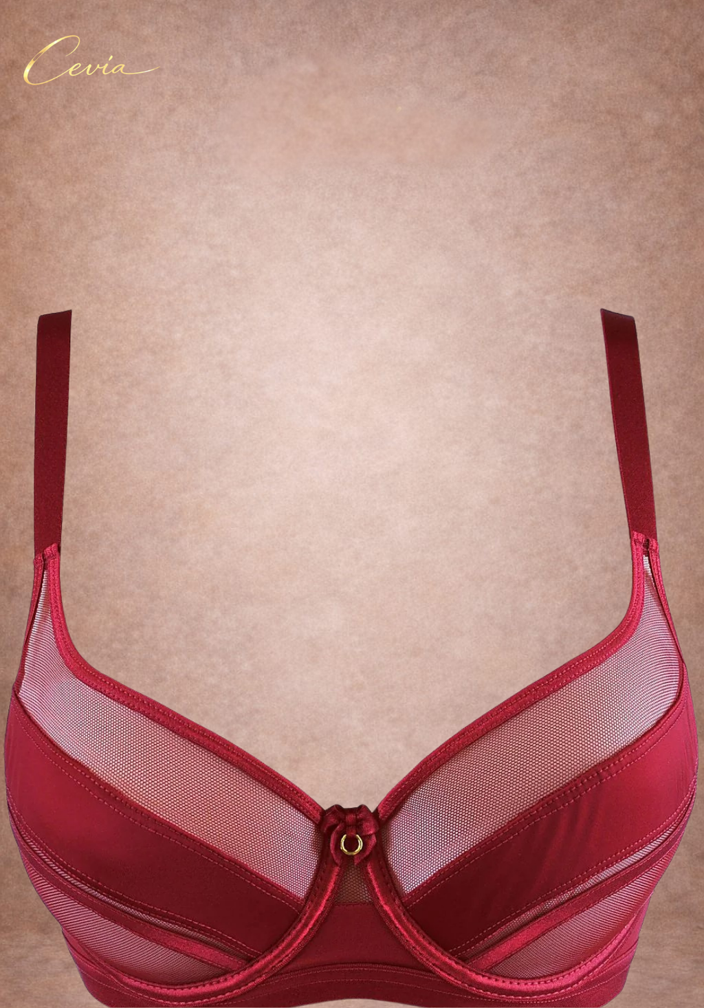 Burgundy Wine Sheer Tulle Soft-Cup Bra (Wide Straps, Gold Accents)