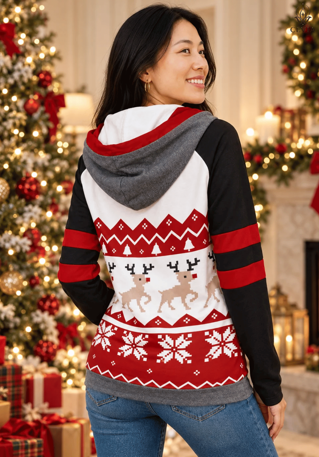 Sudadera con capucha navideña de renos y motivos Fair Isle