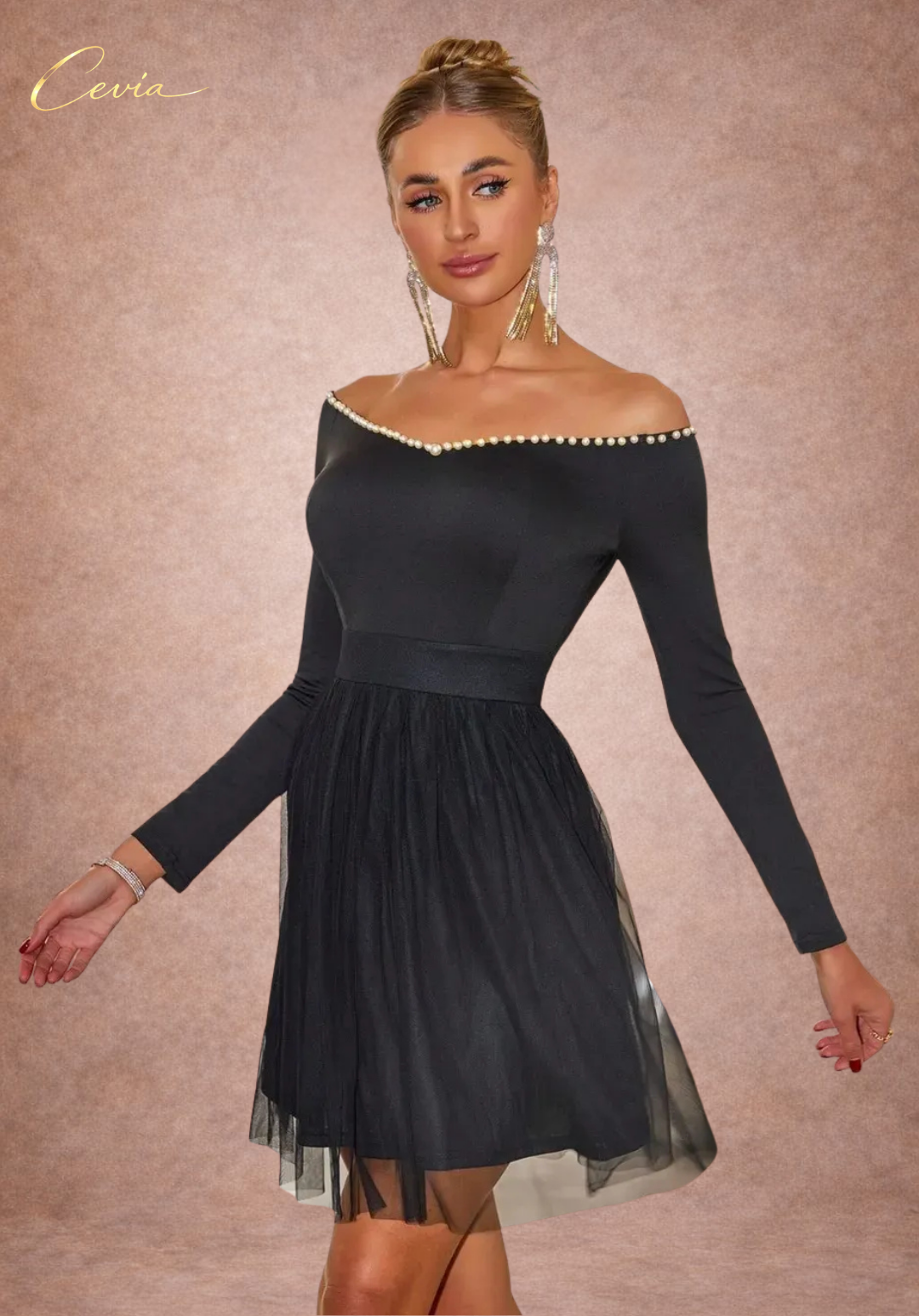 Pearl-Trim Tulle Fit-and-Flare Dress
