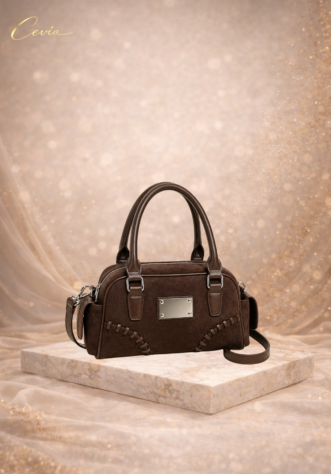 The Marcellé Noir-Suede Barrel Handbag