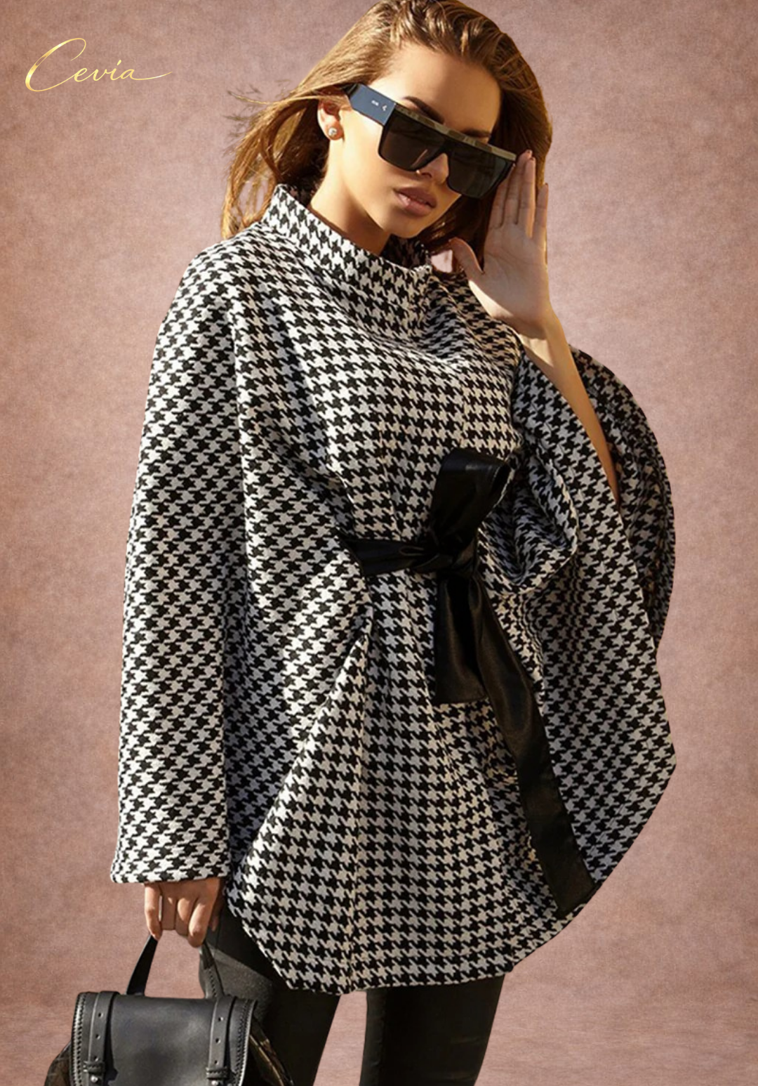 The Valoria Houndstooth Belted Cape Top