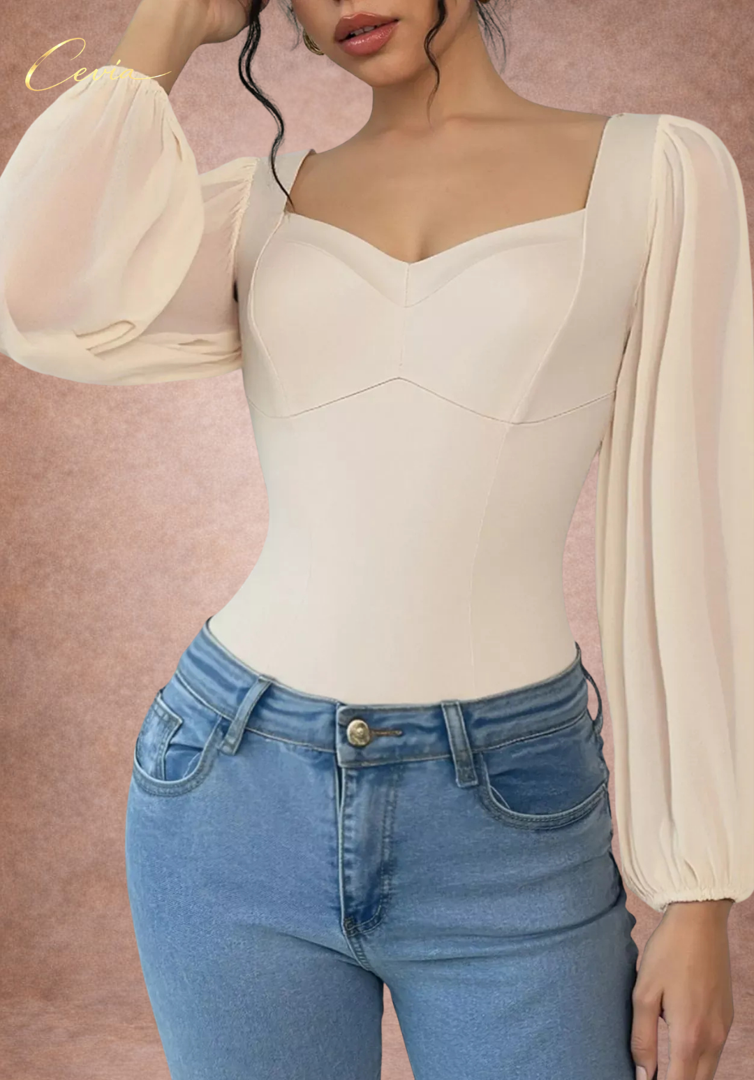 The Mariviane Sheer-Puff Contour Bodysuit – Soft Blush Elegance
